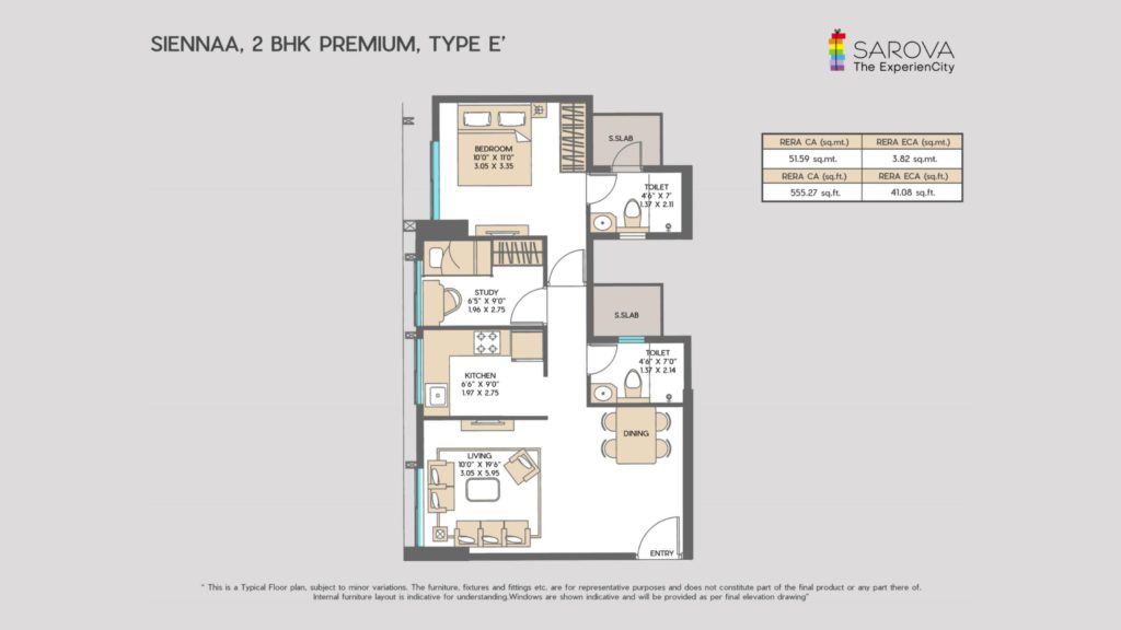 2BHK Premium/1.5BHK 555sqft Rera Carpet Area Floor Plan