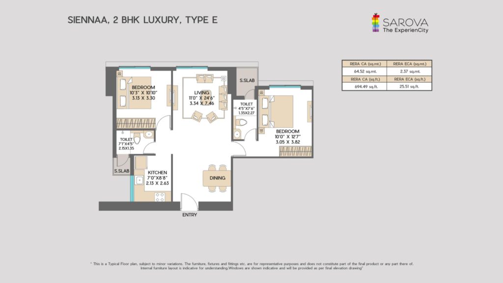 2BHK Luxury 694sqft Rera Carpet Area Floor Plan