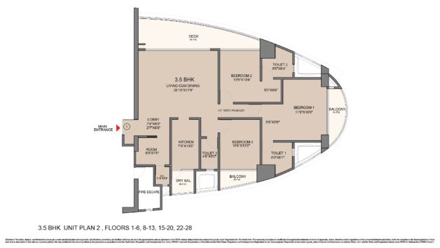 3.5BHK + 4 Toilets Floor Plan in Sunteck Signia High 1797sqft Carpet Area