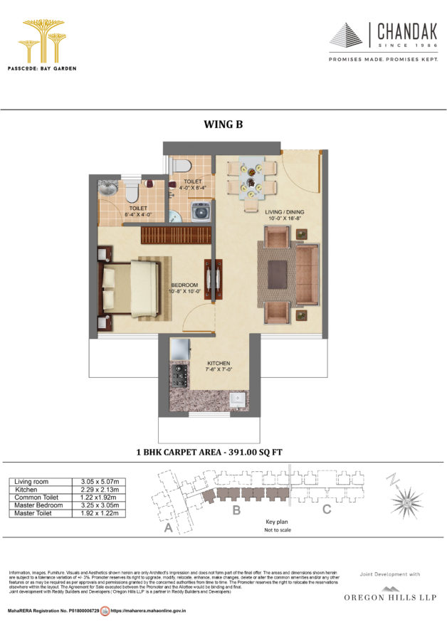 1BHK 391sqft Rera Carpet Area Unit Plan in Chandak 34 Park Estate