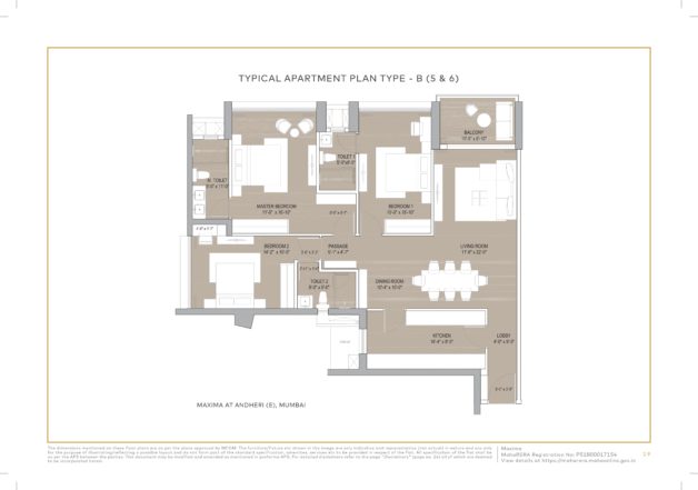 3BHK 1330sqft Rera Carpet Area Unit Plan of Oberoi Maxima